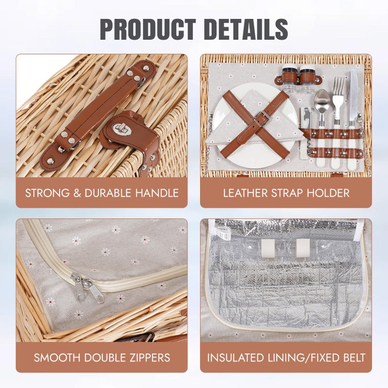 HappyPicnic Picnic Basket Set for 2 - Wicker Picnic Basket with Waterproof Blanket & Insulated Liner  Large Handmade Willow Hamper with Cutlery Kit for Outdoor  Picnic  Camping  Holidays (Flower) - Image 5